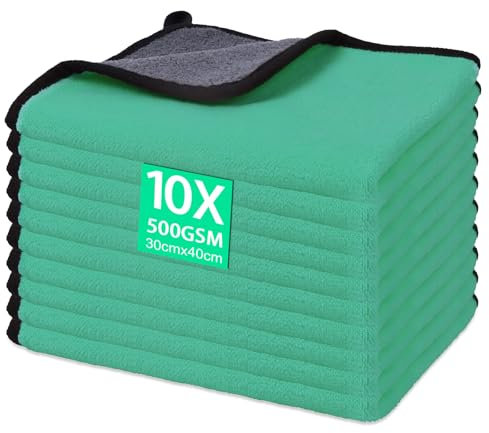 Gucass Set de 10 Bayetas Microfibra Coche, 30x40CM Paños de Coche Secado Coche, 500GMS Paños Microfibra Absorbentes y sin Pelusas, Paño Versátiles Trapos Limpieza, para Pulir Coches, Cocina(Verde)