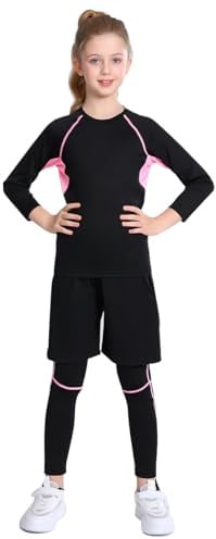 linboo Kinder Mädchen Sportanzug 3tlg Yoga Anzug mit Langen Ärmeln, Hosen, Sport Short, Kleidung Set, Atmungsaktiv und Elastisch, Outdoor eng anliegende Tanz- und Fitnessbekleidung