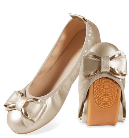 WOFANLULY Womens Ballet Shoes, Bow Tie Slip-On Flats, Comfy Ladies Casual Wear Every-Day Closed Toe Ballerina Pumps (Gold, Size 4)