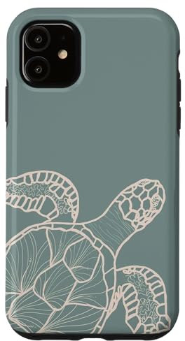 Sea Turtle Line Art On Sage Green Case for iPhone 11