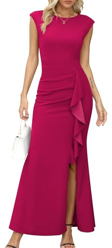Missufe Robe de soirée maxi pour femme avec manches bouffantes et ouverture en forme de sirène pour mariage, cocktail, bal, Rouge, rose, Large