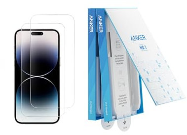 Anker Screen Protector for iPhone14 Pro, Bubble-and-Dust-Free iPhone HD Tempered Glass, Durable and Drop-Proof with 9H Hardness, Easy Installation Exclusively for iPhone14 Pro (2-Pack)
