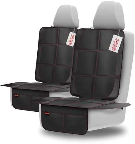 PROTEX© Kindersitzunterlage -ISOFIX-geeignet, Anti-RUTSCH-Unterfläche | Wasserabweisender & besonders hochwertiger 600D Stoff mit gepolsteter Sitzfläche (L, 2er Set), (Schwarz mit roten Nähten)