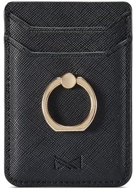 DMaos Card Holder Sleeve with Ring, RFID Credit Wallet PU Leather Stick On Back Grip for iPhone Samsung Smartphone - Black