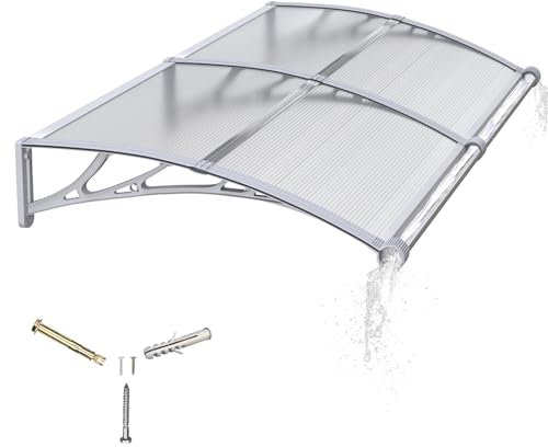 Door Canopy Outdoor Awning with Drainage,150x100 cm Polycarbonate Rain Shelter with ABS Brackets,Polycarbonate Sheet,UV,Snow Protection for Porch,Front Door, Patio, Window, Deck