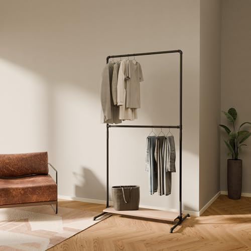 Pamo Kleiderstange freistehend 80 kg Traglast - offener Kleiderschrank industrial schwarz aus Metall Wasserrohren mit Böden aus massiver Eiche
