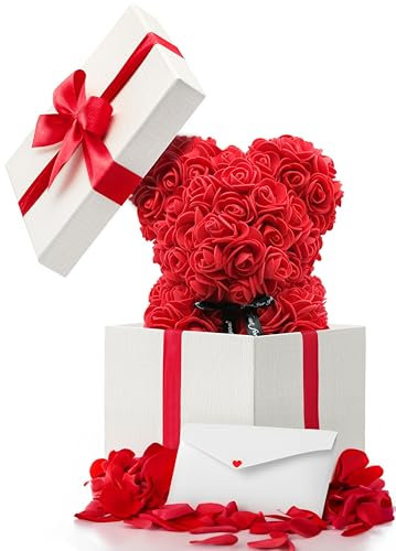 HAND Orsetto di Rose con Confezione Regalo e Petali di Rosa, Orso Peluche, Regalo per Lei, 25cm di Altezza, Orsetto Regalo di San Valentino, Regalo coppia, Con Biglietto D'amore, Regalo Compleanno.