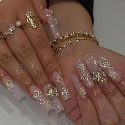 GlamRays Square Press on Nails Lange Falsche Nägel Rosa Kleben Nägel 3D Schmetterling Blume Charme Acrylnägel 24 Stück Squoval Glitzer Maniküre Künstliche Falsche Nägel