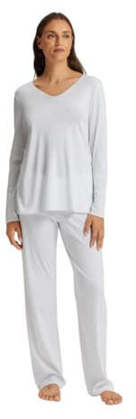 Hanro - Cotton Silk Damen Schlafanzug – Langarm-Shirt und Hose, V-Ausschnitt, Merzerisierte Baumwolle