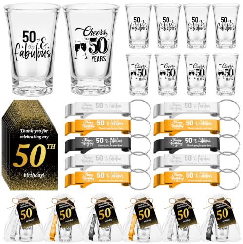 Domensi 50 Sets 50th Birthday Party Favors for Guests Bulk Include Cheers to 50 Short Glasses Beer Bottle Opener Keychains Thank You Cards with Gift Bags and Ropes for Birthday Party Gifts
