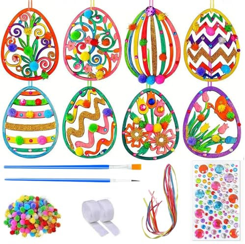 Scinzene Ostern Basteln Kinder, 118 Stück Osterbasteln mit Kindern Set, Holzanhänger Ostern zum Bemalen, DIY Bastelset mit Holzstücken, Bändern, Pompons und Pinseln, Osterdeko und Geschenk für Kinder