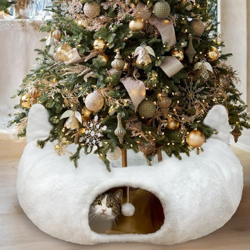 Fayavoo Tunnel per gatti con letto per interni, sotto l'albero di Natale in peluche, grotta per gatti a forma di peekaboo, multifunzionale, tunnel a ciambella, parco giochi per gatti