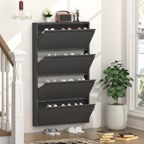 GREATMEET Black Metal Shoe Cabinet Storage for Entryway, Wall Mounted Hidden Narrow Shoe Cabinet for Entryway Slim with 4 Flip Drawers