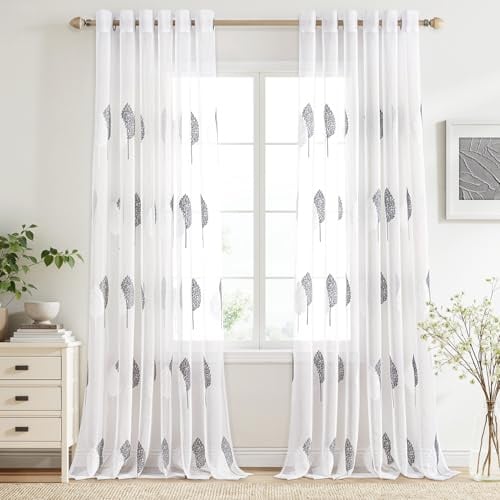 MIULEE Gardinen mit Grau und Weiss Blätter Muster 2er Set 200x245cm | Modern Stickerei Wohnzimmer Vorhänge Transparent mit ösen für Schlafzimmer Deko, Schöne Blätter Muster Vorhang Fenster