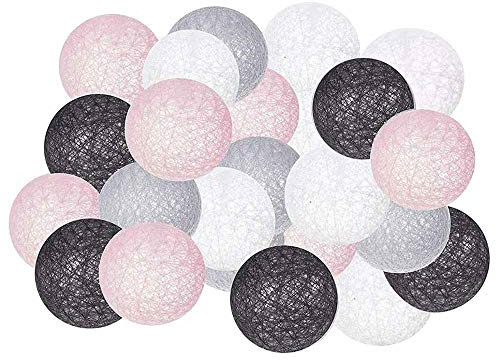 Hiseng LED Lichterkette Baumwollkugeln Batteriebetrieben, 6 cm Cotton Ball Lichterketten Kugeln Nachtlicht für Party, Zimmer, Innen Deko (Rosa Grau schwarz,5M-50LED)