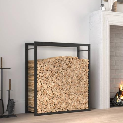 Leñero acero negro mate 80 cm, almacenamiento leña seca, resistente intemperie, fácil acceso para chimeneas, diseño seguro antivuelco incluido, circulación aire óptima, montaje sencillo. Ideal hogares