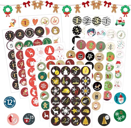 CHIHOLEN 10 x 24 Weihnachts-Adventskalender-Aufkleber, 1-24 Zahlen-Aufkleber, Weihnachts-Countdown-Aufkleber für Gastgeschenke, DIY, Basteln, Backetikett, Dekoration