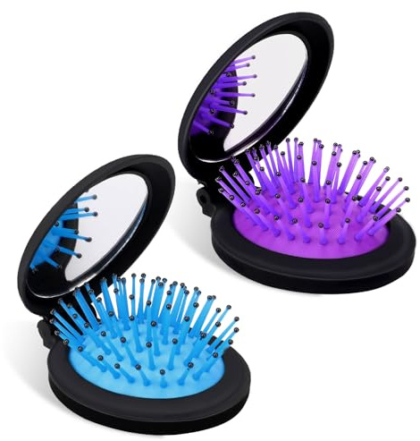 2 Stück Mini Faltbare Haarbürsten mit Spiegel Reise Haarbürste Klappbürste Mini Runde Faltbare Haar Haarmassagekamm für Frauen Mädchen (Blau, Lila)