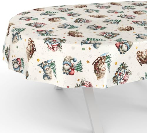 ANRO Tischdecke abwaschbar Weihnachtsmann Beige oval 220x140 cm Tischwäsche | waschbar bei 30 °C – ideal für Garten, Terrasse & Esszimmer – Gartentischdecke wetterfest