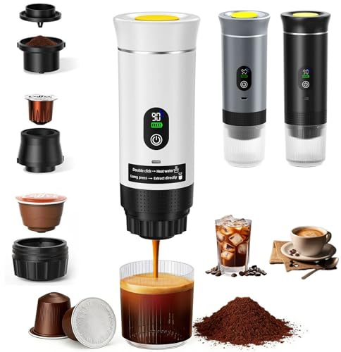 Tragbare Espressomaschine Akku Elektrische Kaffeemaschine selbsterhitzend | Reise-Kaffeemaschine kompatibel mit gemahlenem Kaffee, NS-Kapsel für Wandern, Camping, Reise-Espressomaschine Schwarz