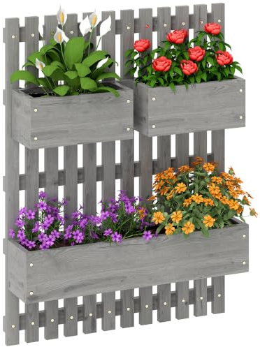 Outsunny Fioriere da giardino in legno da parete con traliccio, Grigio | Fori di drenaggio, 3 fioriere mobili, letto rialzato da parete per patio esterno