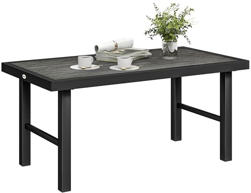 Outsunny Metall-Garten-Couchtisch, Outdoor-Beistelltisch mit SPC-Holzmaserung-Tischplatte für draußen, Garten, Balkon, Veranda, 100 x 52 x 46 cm, Dunkelgrau