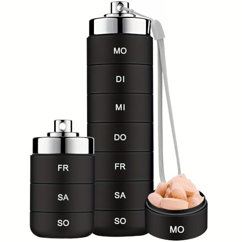 Tablettenbox 7 Tage Große Fächer, 2026 Neu Tragbare Medikamentenbox, Stapelbare 7-Tage-Pillendose aus Metall mit Drehverschluss, Täglicher Medikamentenspender, Tragbarer Pillenbox für Reisen (Schwarz)