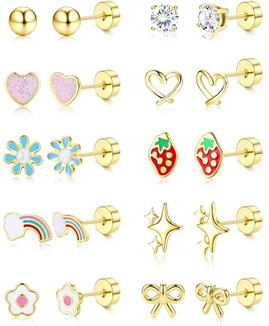 Medizinische Ohrstecker Kinder Mädchen Hypoallergene Ohrringe Damen 10 Paar | Süße Flatback Ohrstecker Chirurgenstahl 14K Vergoldete Piercing Ohr Zirkonia Kugel Herz Blume Stern Helix Ohrringe Set