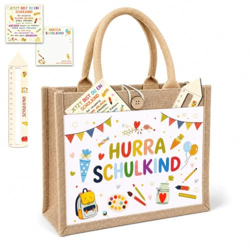 Jutetasche Schulkind 2026, Kleine Schultüte Mädchen Jungen Einschulung Geschenk, Jutebeutel Schultüte Klein mit Lineal Karte, Schultüten Geschenktüte Einschulungstasche, Geschenke zur Einschulung