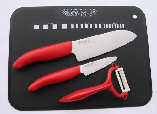 Kyocera Set de couteaux en céramique - Couteau de chef - Éplucheur - Avec protège-lame et tapis de découpe flexible