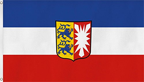Flagge Schleswig-Holstein 90 x 150 cm Fahne mit 2 Ösen 100g/m² Stoffgewicht Hissflagge EXTREM REIßFEST, sehr robust, starke Messing-Ösen - umlaufend genäht, ideal als Hissflagge