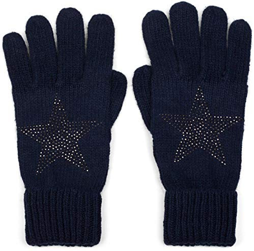 styleBREAKER Damen Strickhandschuhe mit Strass Stern Applikation | warme weiche Winterhandschuhe mit doppeltem Bund | elastische Fingerhandschuhe, Farbe:Midnight-Blue/Dunkelblau