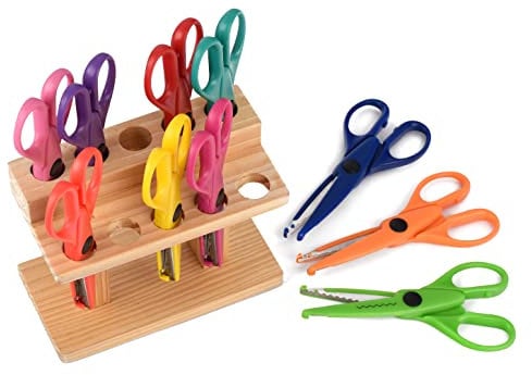 ewtshop® Jumbo DIY Bastelscheren-Set, 10-tlg. im Holzständer - mit 10 verschiedenen Schnittmustern, Motivscheren für Kinder - Konturenscheren, Wellenschnittscheren