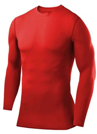 PowerLayer Kids Base Layer Long Sleeve Compression Shirt. Lightweight and Moisture Wicking Thermal Top for Football, Rugby, Soccer and Gym for Boys - Red, 10-12 Years (Boys Large)