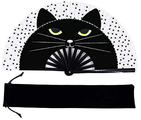 Amajiji Large Rave Folding Hand Fan for Men/Women, Chinese Japanese Kung Fu Tai Chi Handheld Fan, Perfect for Cooling, Dance, Gift, Drag Queen, Decoration & Wedding (Black cat)
