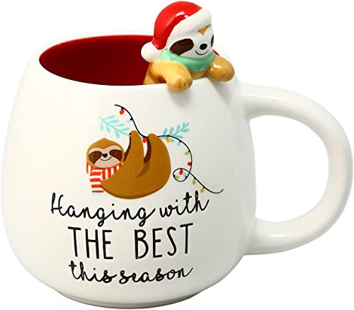 Pavilion Gift Company 45645 Hanging with The Best This Season & Sloth 15.5 Oz Unique Shaped Large Coffee Cup Mug for The Holidays Or Winter, Dolomite, White