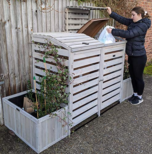 Bin Garden Double Wheelie Bin Store with Bi-Fold Roof and matching Planters Garbage Shed for up to 240L Bins / 65G Cans Planter Boxes for storage of two Kerbside Recycling Boxes Painted Silver Grey