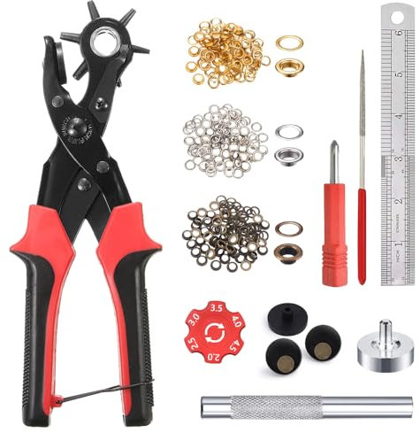 Leather Hole Punch Tool for Belt - Multi Hole Sizes Puncher for Belts, Watch Bands, Straps, Dog Collars, Saddles, Shoes, Fabric, DIY Home or Craft Projects - with 5/32 Grommet Eyelet Kit 100 Sets