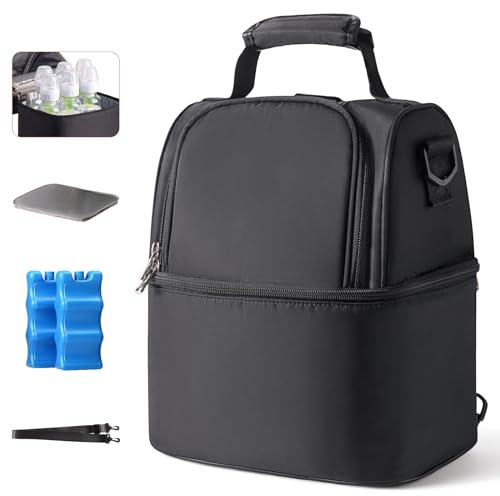 NCVI Bolsa térmica para Leche Materna con compresa de Hielo, Bolsa de Comida isotérmica, Bolsa para biberones con Capacidad para 6 biberones, Bolsa de refrigeración de Doble Fondo, Picnic (Negro)