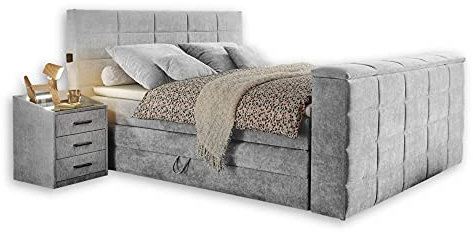 Stella Trading DENVER 6 Boxspringbett 180x200 mit Bettkasten, Silber - Bequemes Doppelbett mit 7-Zonen Federkern Matratze und Topper - 202 x 123 x 240 cm (B/H/T)