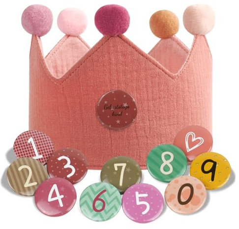 URAQT Geburtstagskrone Kinder, Geburtstagskrone Stoff, Geburtstag Kinderkrone, Krone Geburtstag für Jungs Mädchen mit Happy Birthday Spruchband und Auswechselbaren Zahlen von 0-9 (Rosa)