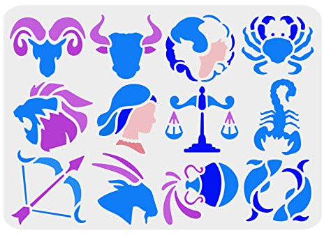 FINGERINSPIRE Horoskop Zeichenschablone 29,7x21cm Wiederverwendbare Zwölf Sternbilder Schablone zum Malen Sternzeichen Glyphen Symbole Astrologie Schablone zum Malen auf Möbel, Wand, Stoff, Papier
