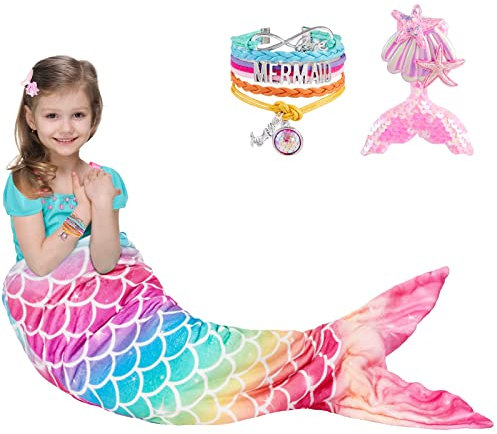 WERNNSAI Meerjungfrauen Decke - Weiche Meerjungfrauen Schwanz Decke mit Pailletten Haarnadel Armband für Mädchen Teenager Regenbogen Meerjungfrauen Tragbare Decke Geschenk zum Geburtstag 140 x 60cm