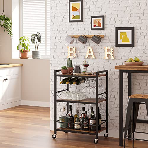 Barwagen, Servierwagen für Zuhause, Mikrowellenwagen, Getränkewagen, mobiles Küchenregal mit Weinregal und Glashalter, Küche, rustikales Braun und Schwarz BC01BB030