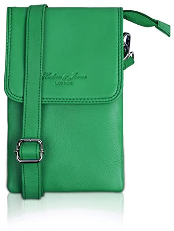 Hudson & James Genuine Leather Bag, Real Leather Phone Purse, Small Mobile Ladies Cross Body Shoulder Bag Wallet for Women Adjustable Detachable Strap (Green)