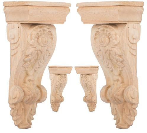 TCHOSUZ Confezione da 4 mensole intagliate in legno anticato, tradizionali non finite, per fai da te, decorative, per piano di lavoro, cucina, camino, caminetto, mensola