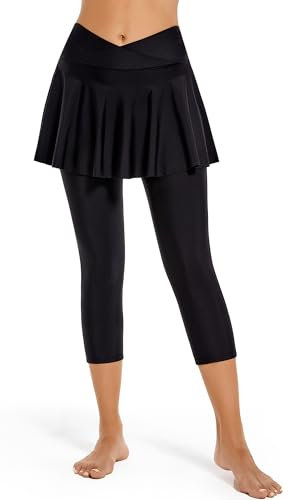 Seagoo Bescheidenes Schwimmkleid für Damen, Rock, Leggings, Bademode, Rock, Sonnenschutz, Caprihose, hohe Taille, Skort L, V-Taille, schwarz, Medium