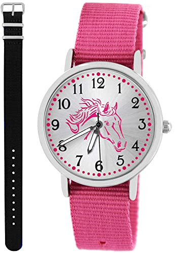 Pacific Time Kinder Armbanduhr Mädchen Junge Pferd Kinderuhr Set 2 Textil Armband rosa + schwarz analog Quarz 10562