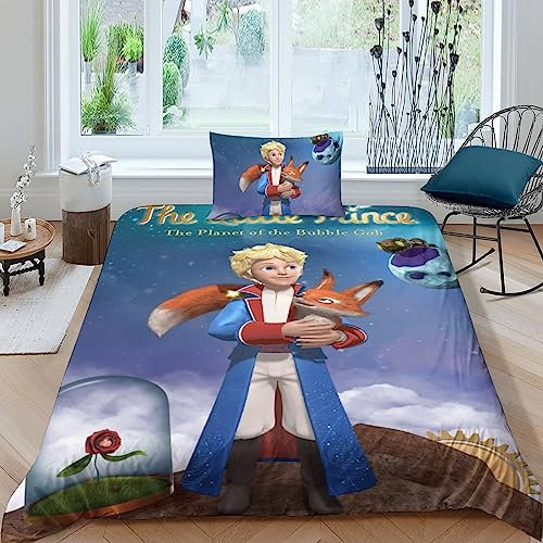 BYTUGI Kinder Bettwäsche Der kleine Prinz Bettbezug Set, Moderne 3D Zeichentrickfilm Bedruckte Kinder Jungen Kinderbett Bettbezug Set Microfaser Mit Kissenbezug Single(135x200cm)