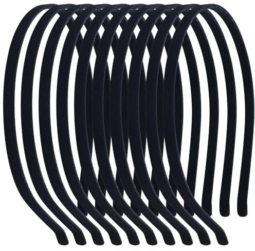 10 Pack 7MM Plain Black Satin Cloth Fabric Covered Thin Slim Metal Headband Wire Hairband Elastic Skinny Velvet Hair Hoop Holder Clasp Tiara Crown Base for Women Men Headpiece Crafting DIY Accessories
